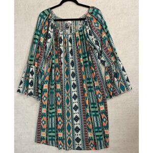 2B Together Dress Womens 3X Multicolor Geometric Bell Sleeve Boho Swing